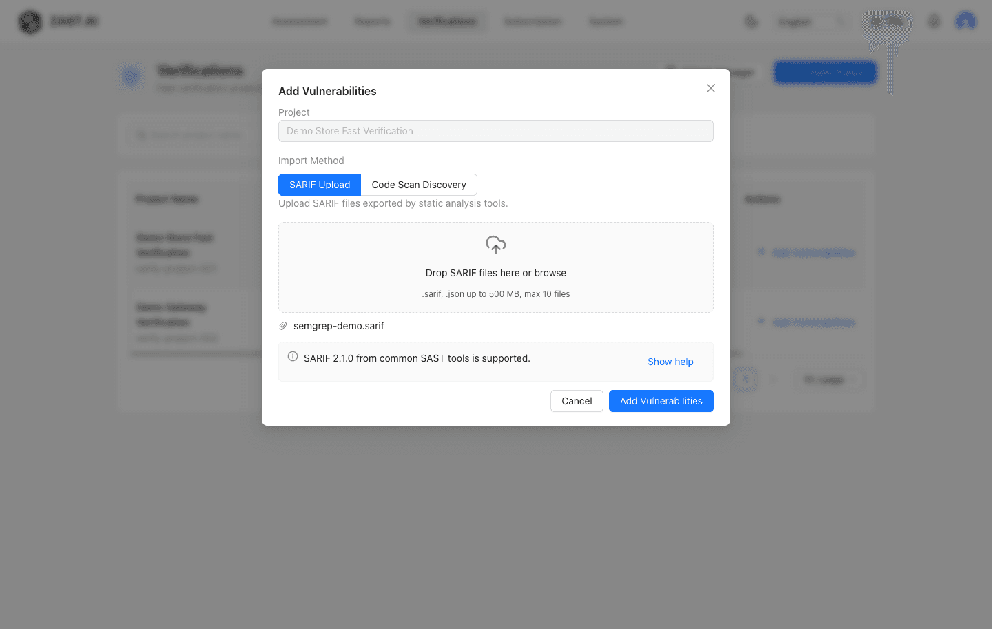 Fast Verification SARIF import workflow