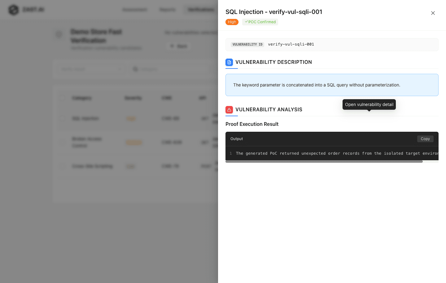 Fast Verification vulnerability evidence detail