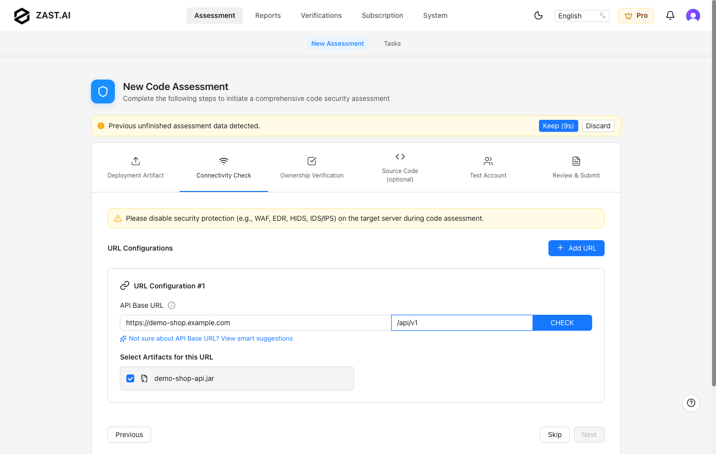 Connectivity check step