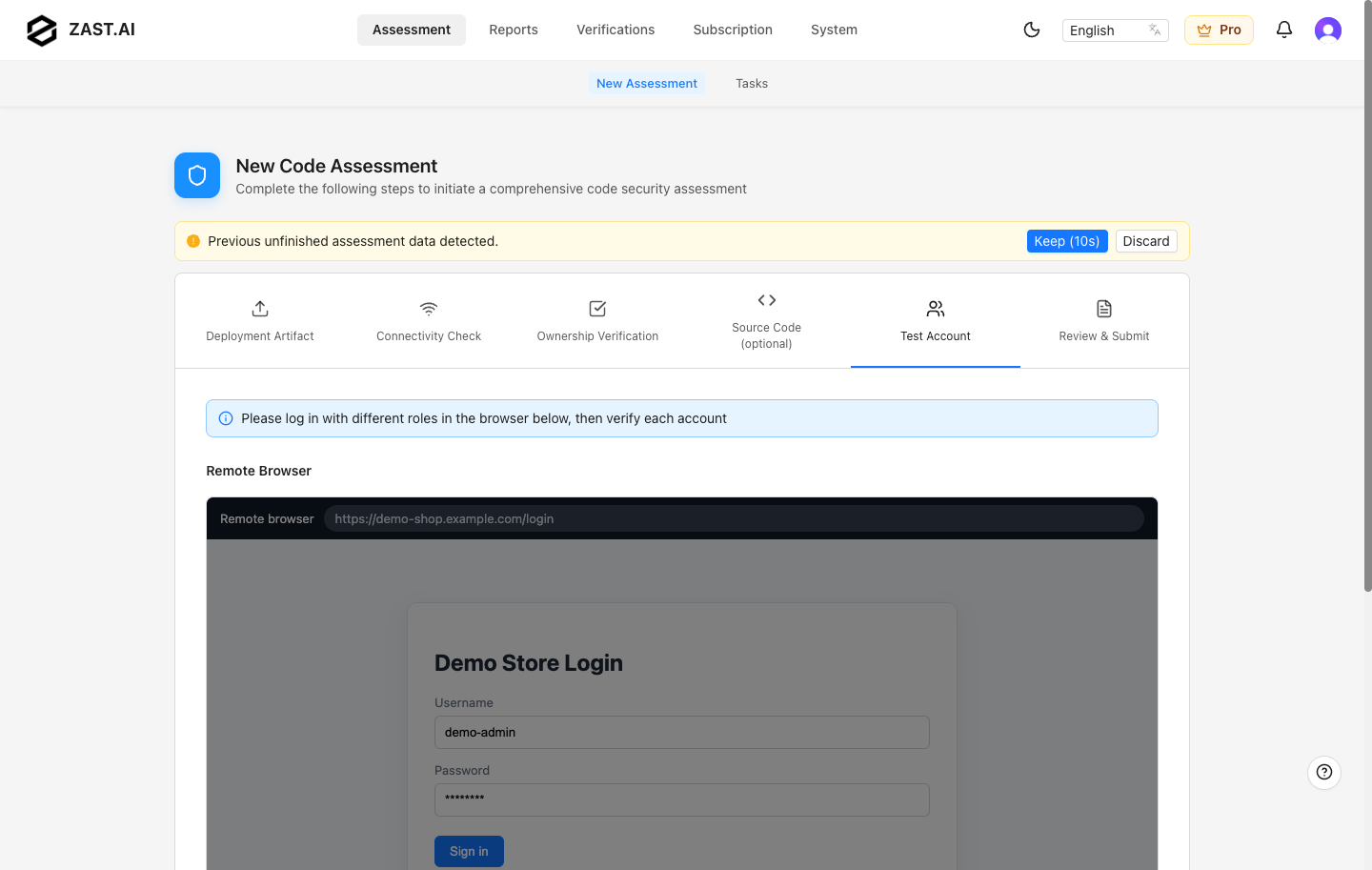 Test account step