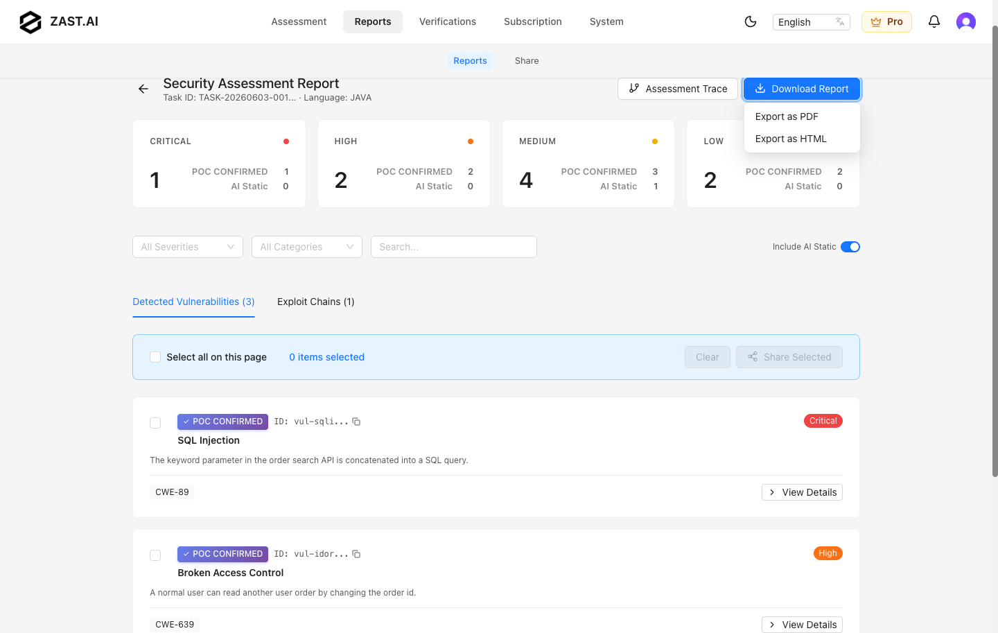 Report export menu